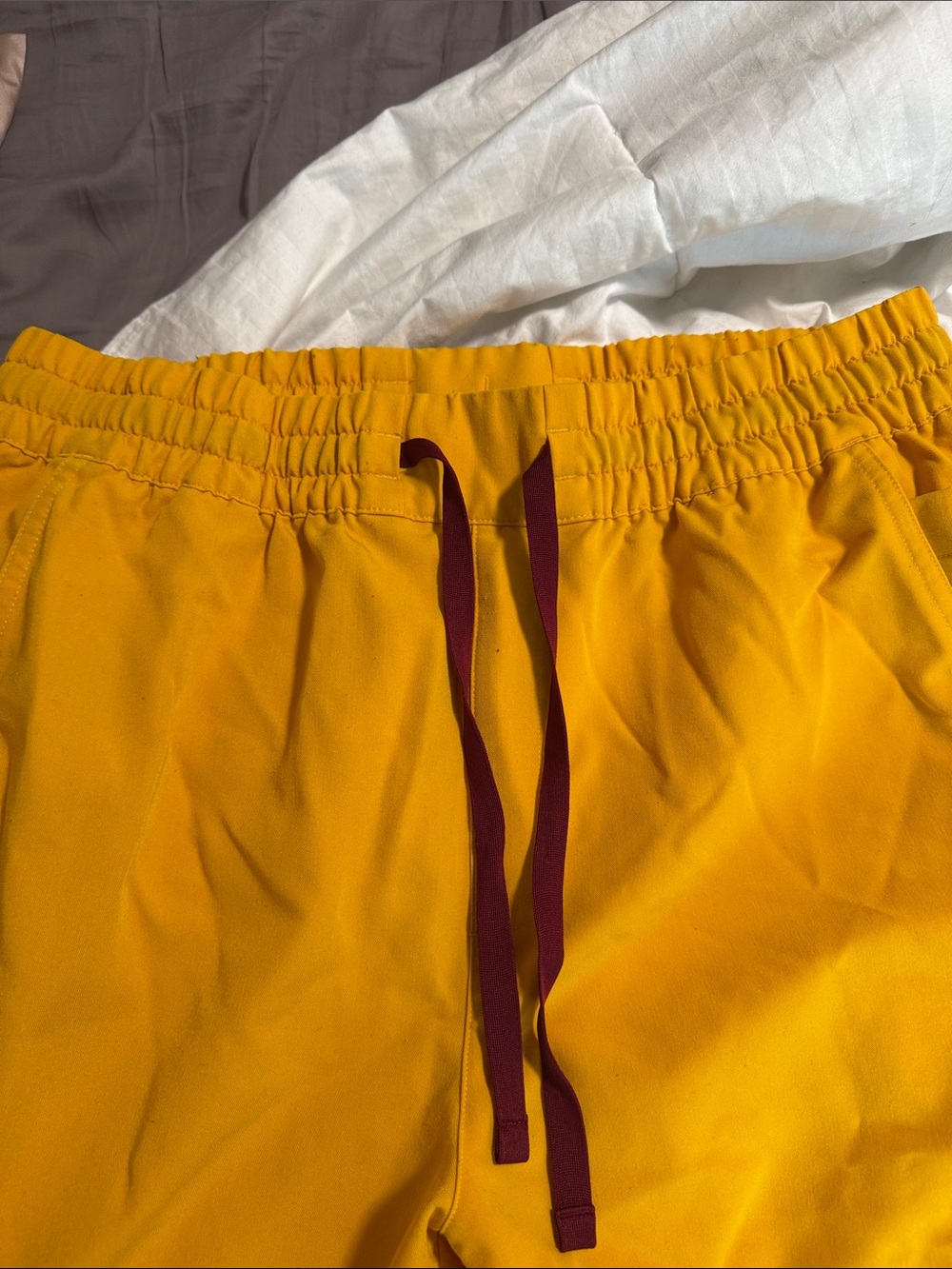 Women’s Figs Mustard Yellow Cargo Joggers with Maroon Drawstring - Picture 5 of 8